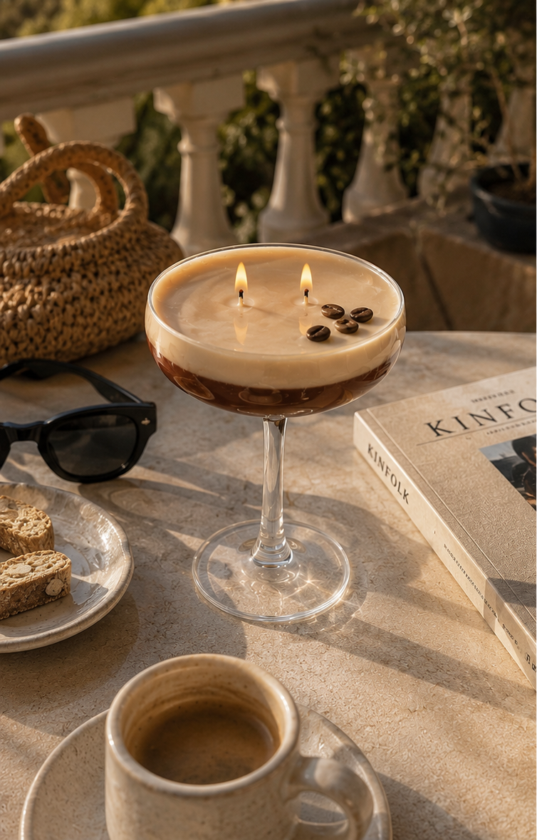 espresso martini cocktail candle at a terrace. sfeer image