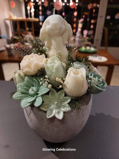beton Ei mit grünen kerzenblumen und Hase, mit trockenblumen. Handgemacht in Romanshorn