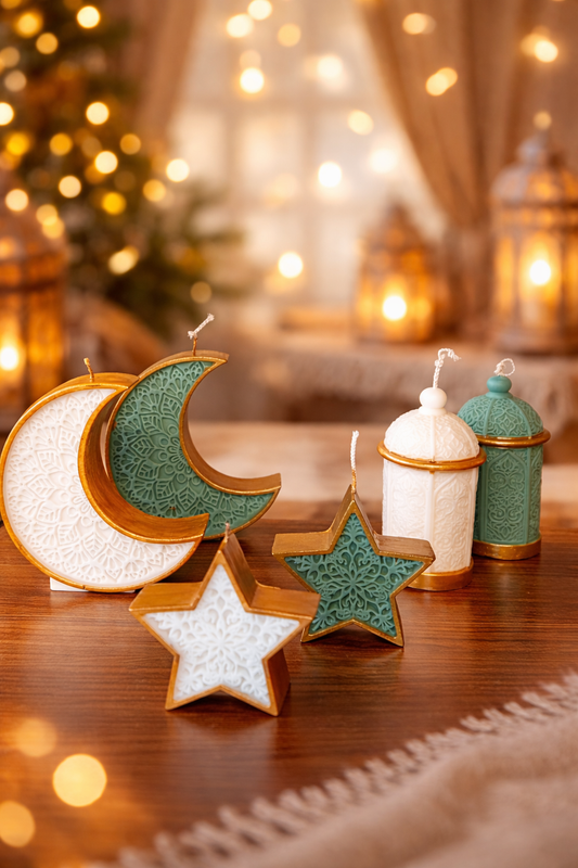 Handgemachte Ramadan Kerzen in Mond-, Stern- und Laternenform mit goldenen Ornamenten, gefertigt im Atelier Romanshorn