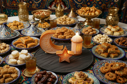 Handgemachte Ramadan Kerzen in Mond-, Stern- und Laternenform mit goldenen Ornamenten, gefertigt im Atelier Romanshorn